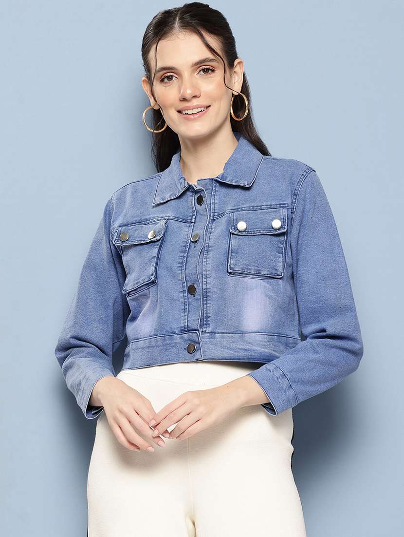 women solid long sleeve denim jacket