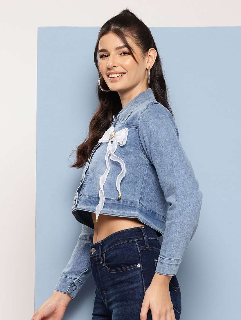 women solid long sleeve embellished bow denim jacket - 22224937 -  Standard Image - 1