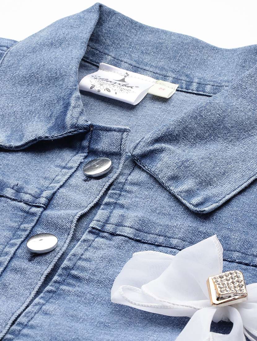 women solid long sleeve embellished bow denim jacket - 22224937 -  Standard Image - 4