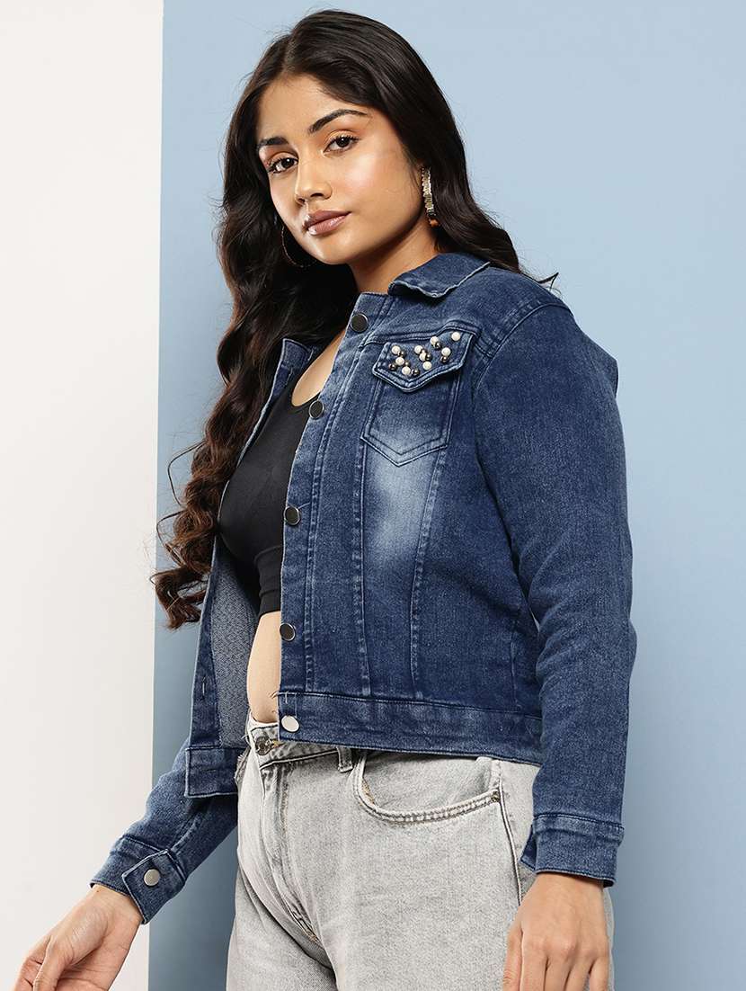 women solid with work long sleeve denim jacket - 22224945 -  Standard Image - 1