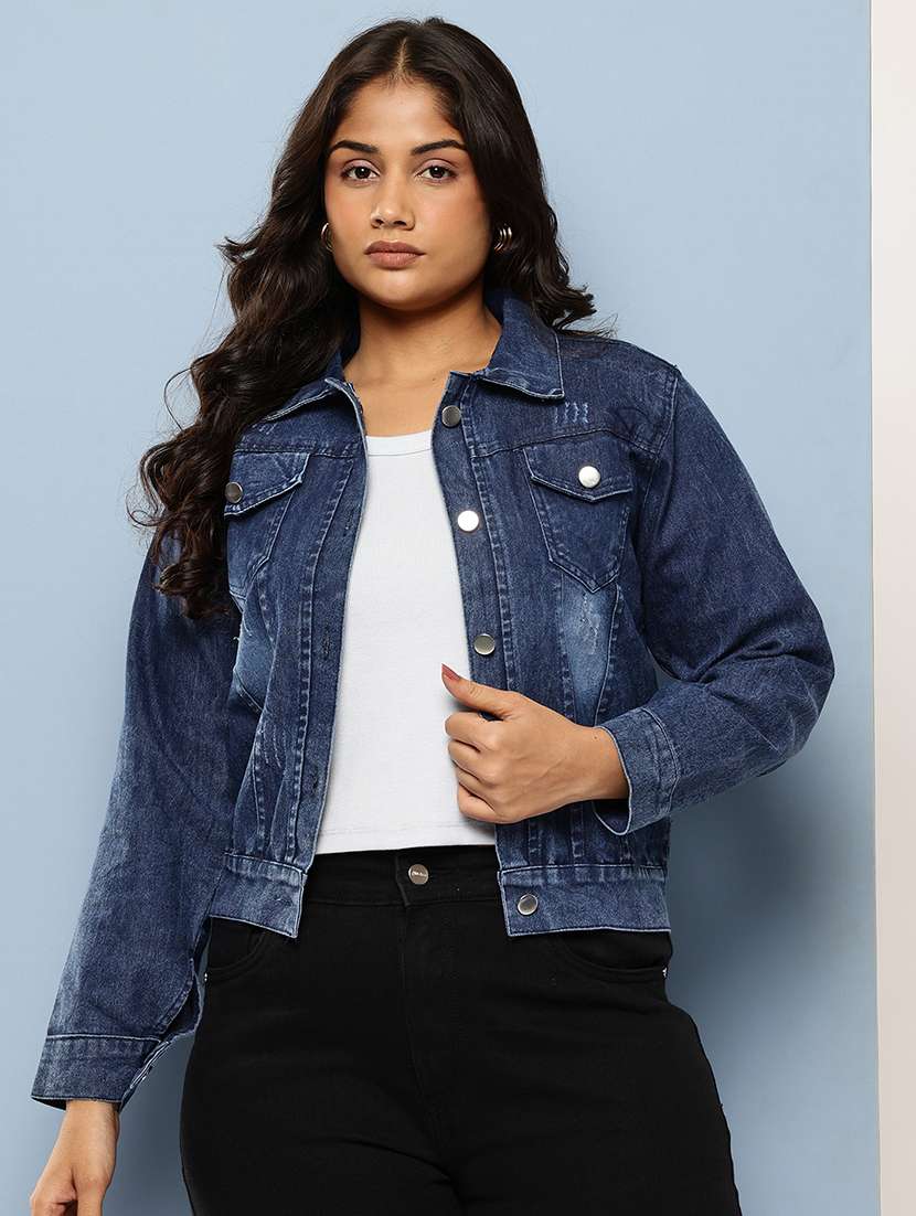 women solid long sleeve denim jacket