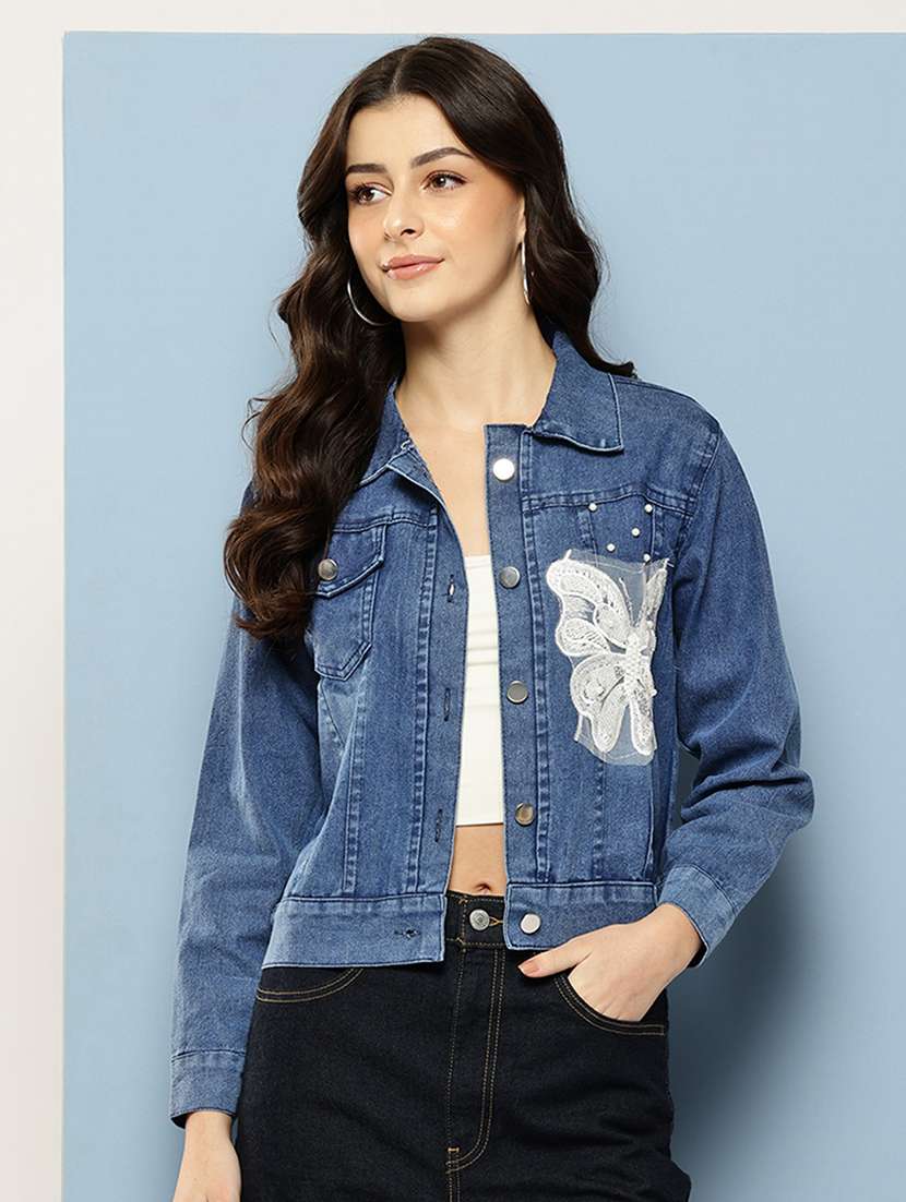 women solid with work long sleeve denim jacket