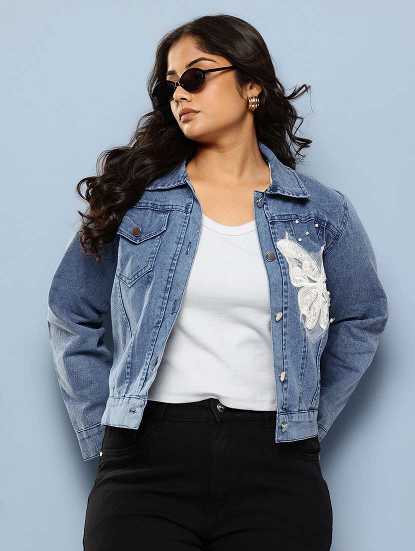 women solid with work long sleeve denim jacket