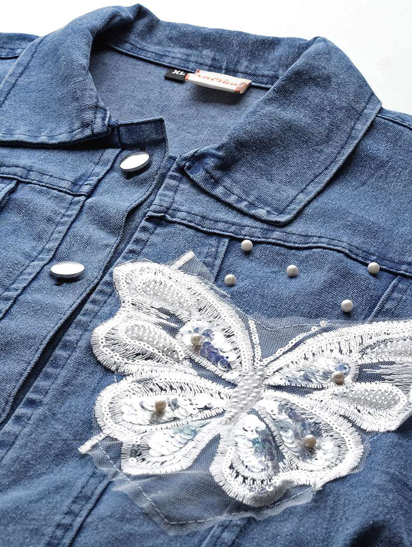 women solid with work long sleeve denim jacket - 22224950 -  Standard Image - 4