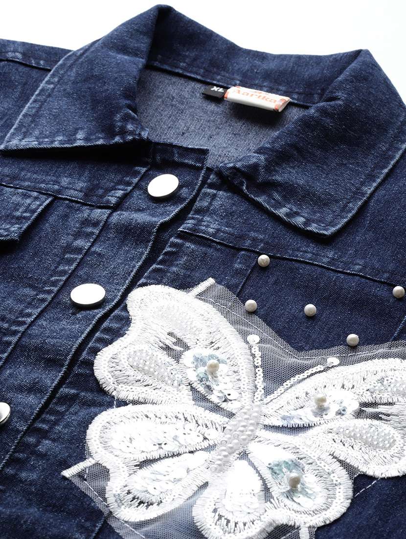 women solid with work long sleeve denim jacket - 22224951 -  Standard Image - 4