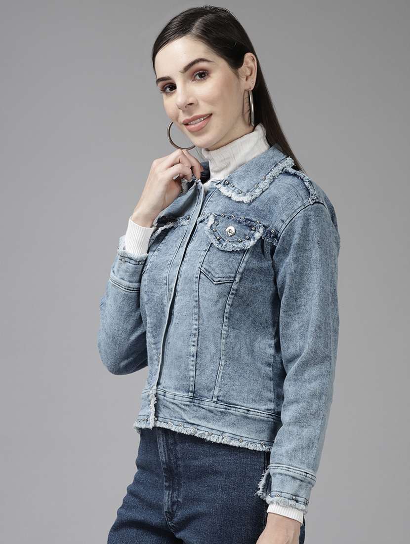 women solid with work long sleeve denim jacket - 22224952 -  Standard Image - 1
