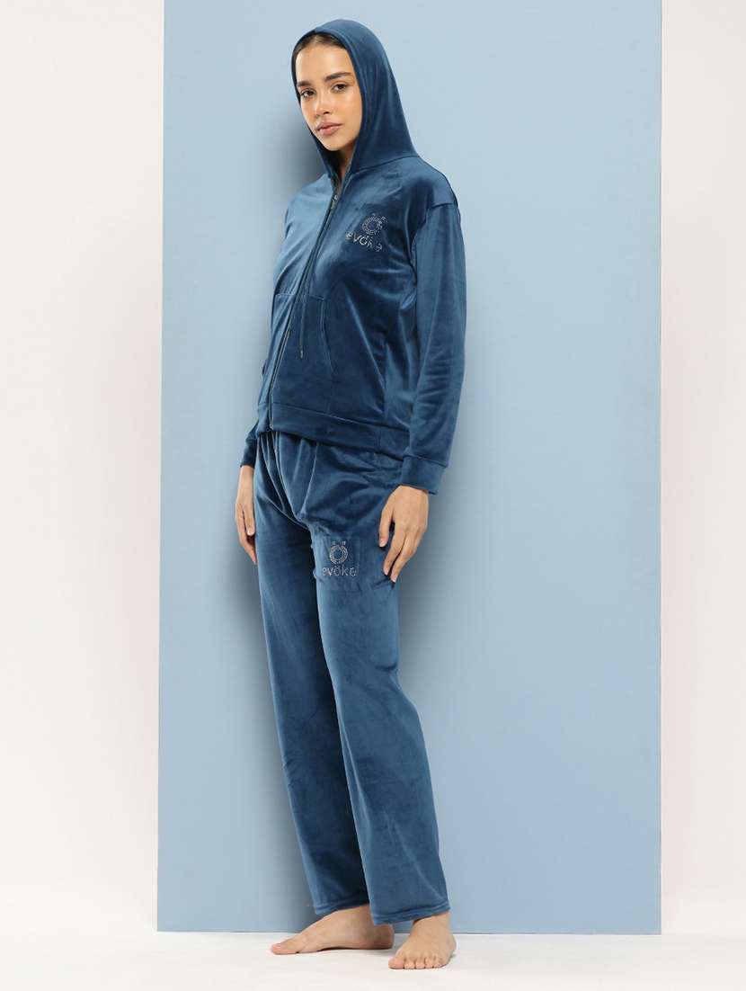 women solid long sleeve hooded velvet co-ord set - 22224954 -  Standard Image - 1