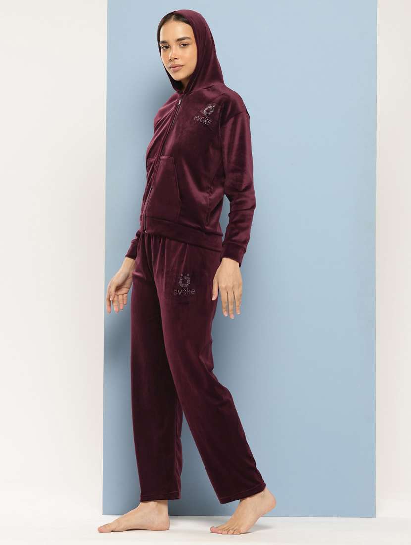 women solid long sleeve hooded velvet co-ord set - 22224955 -  Standard Image - 1