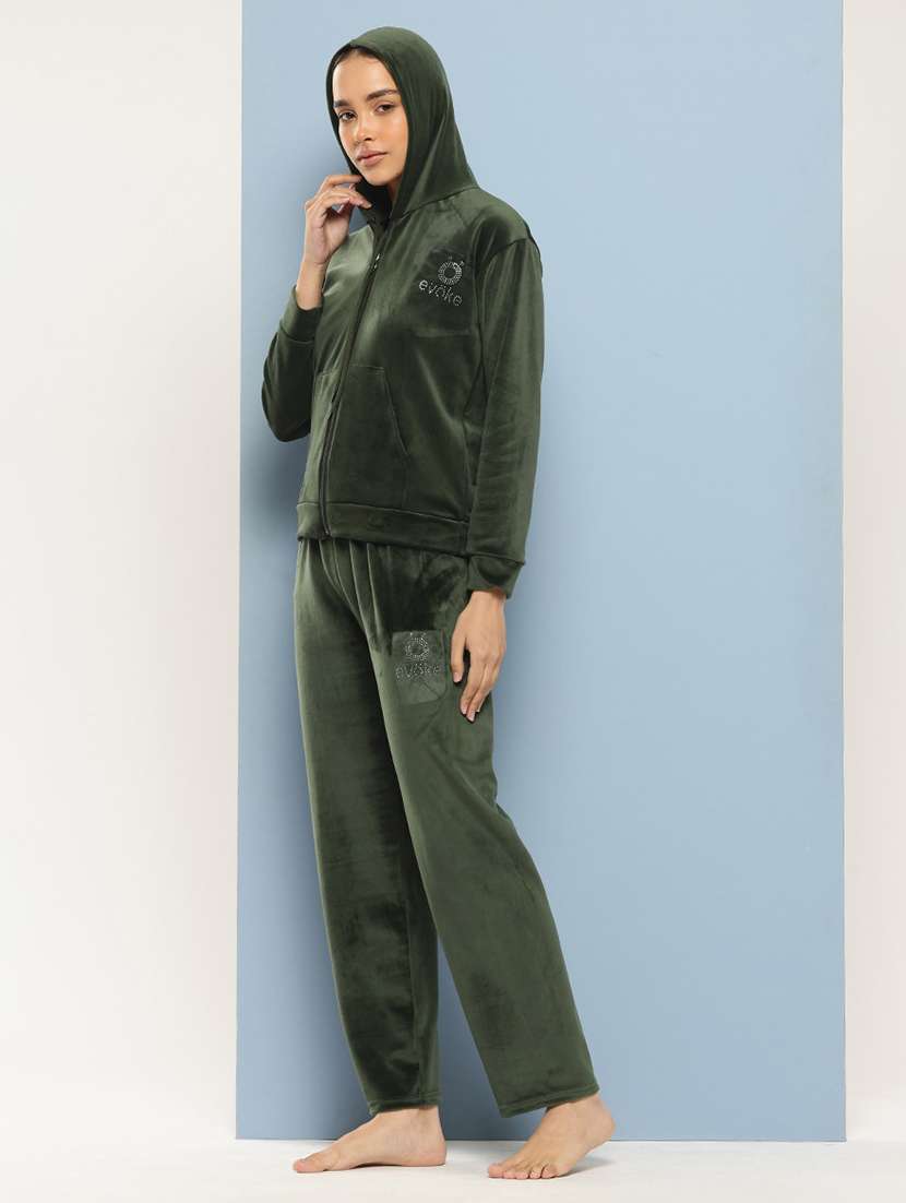 women solid long sleeve hooded velvet co-ord set - 22224956 -  Standard Image - 1