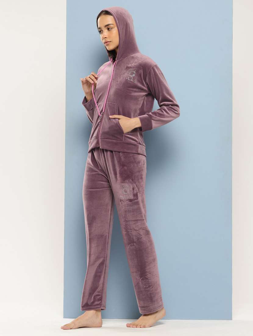women solid long sleeve hooded velvet co-ord set - 22224957 -  Standard Image - 1