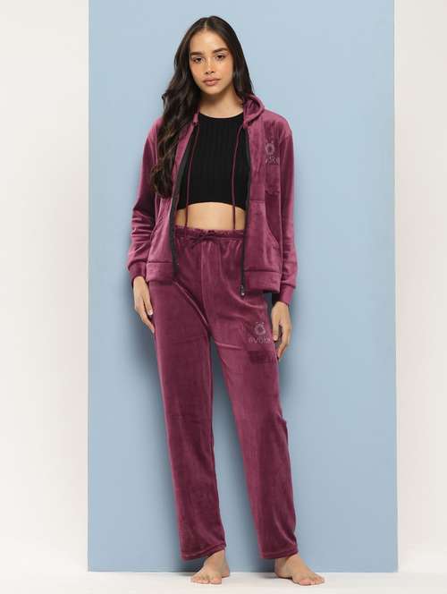 women solid long sleeve hooded velvet co-ord set - 22224958 -  Standard Image - 0