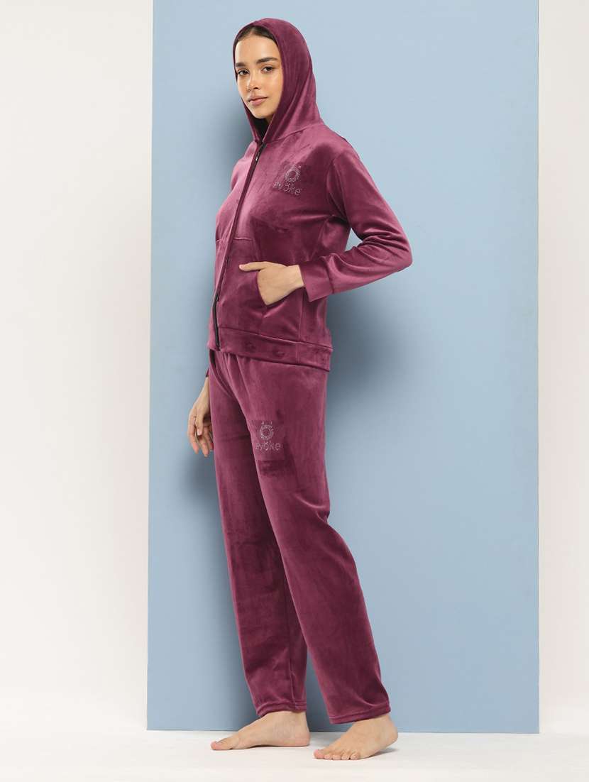 women solid long sleeve hooded velvet co-ord set - 22224958 -  Standard Image - 1