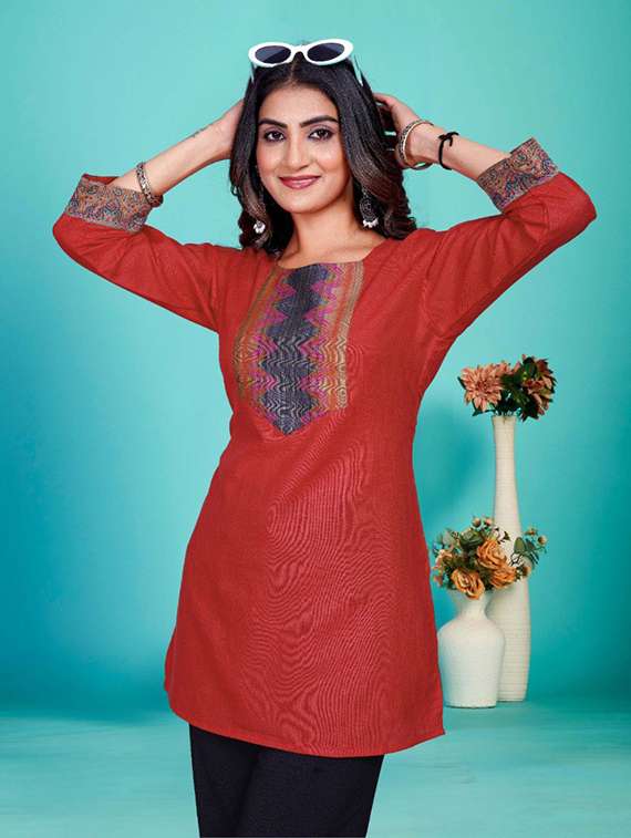 women embroidered three quarter sleeve straight kurti