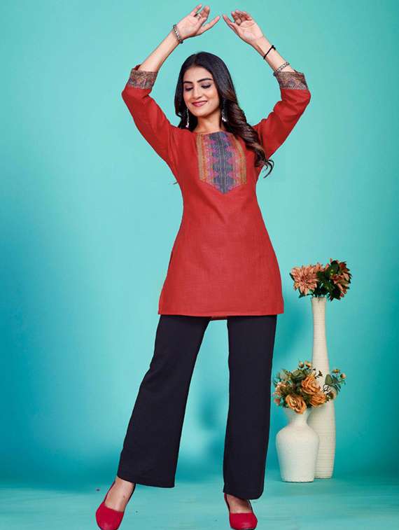 women embroidered three quarter sleeve straight kurti - 22225039 -  Standard Image - 1
