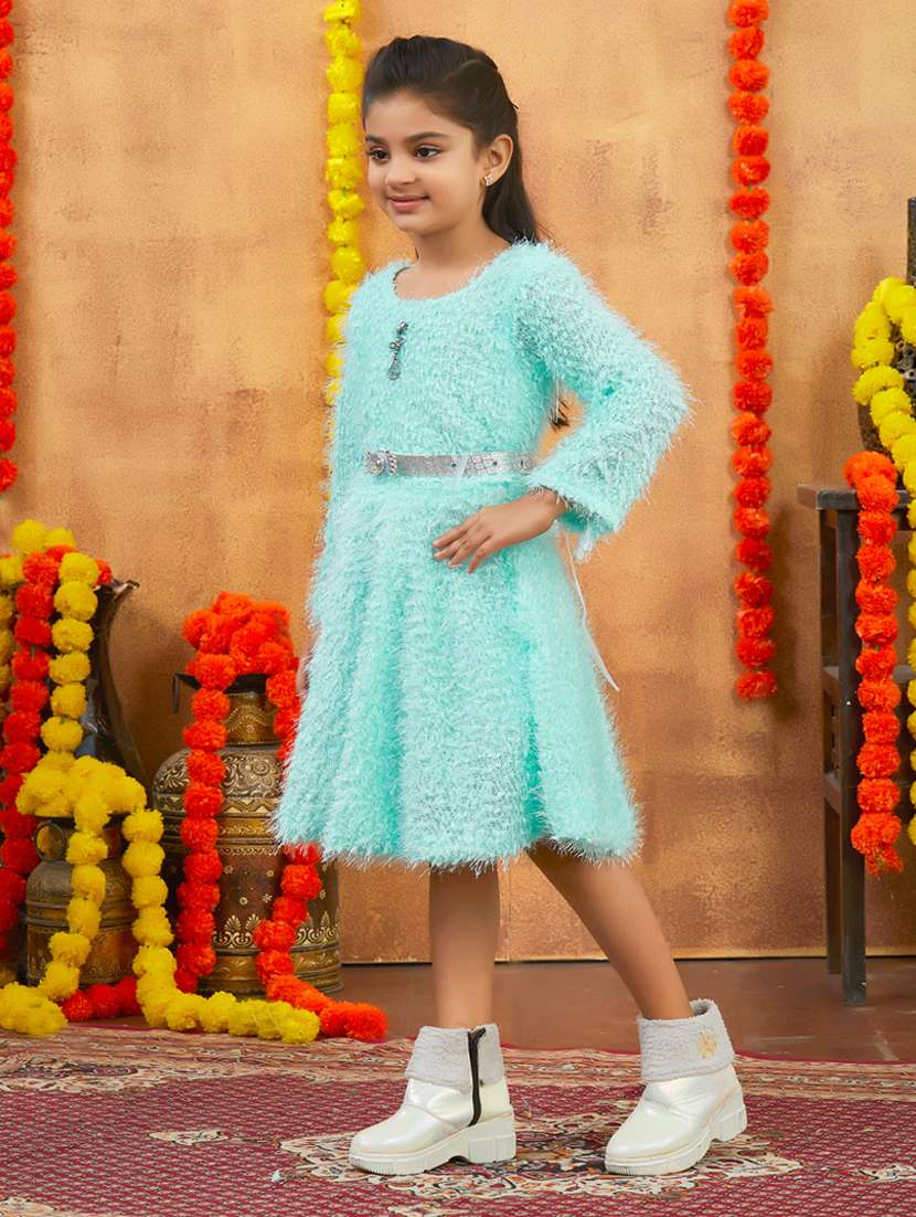 girls solid round neck fit & flare dress - 22225131 -  Standard Image - 1