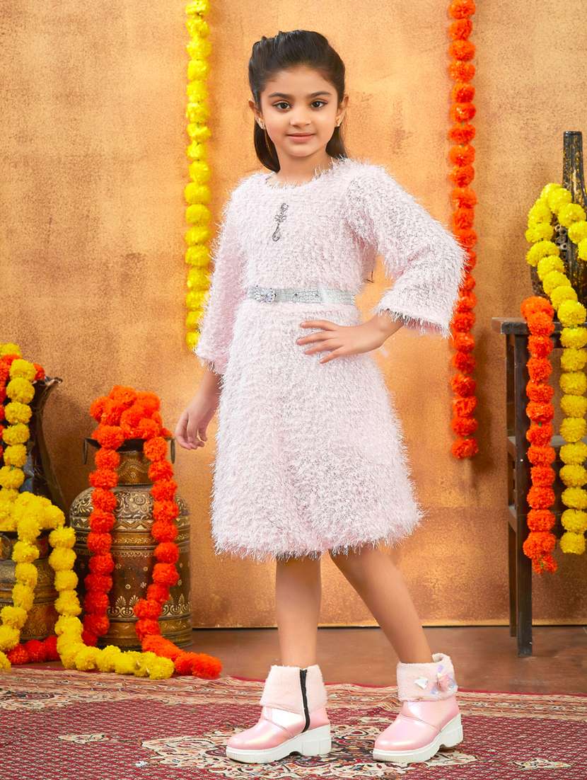 girls solid round neck fit & flare dress - 22225133 -  Standard Image - 1