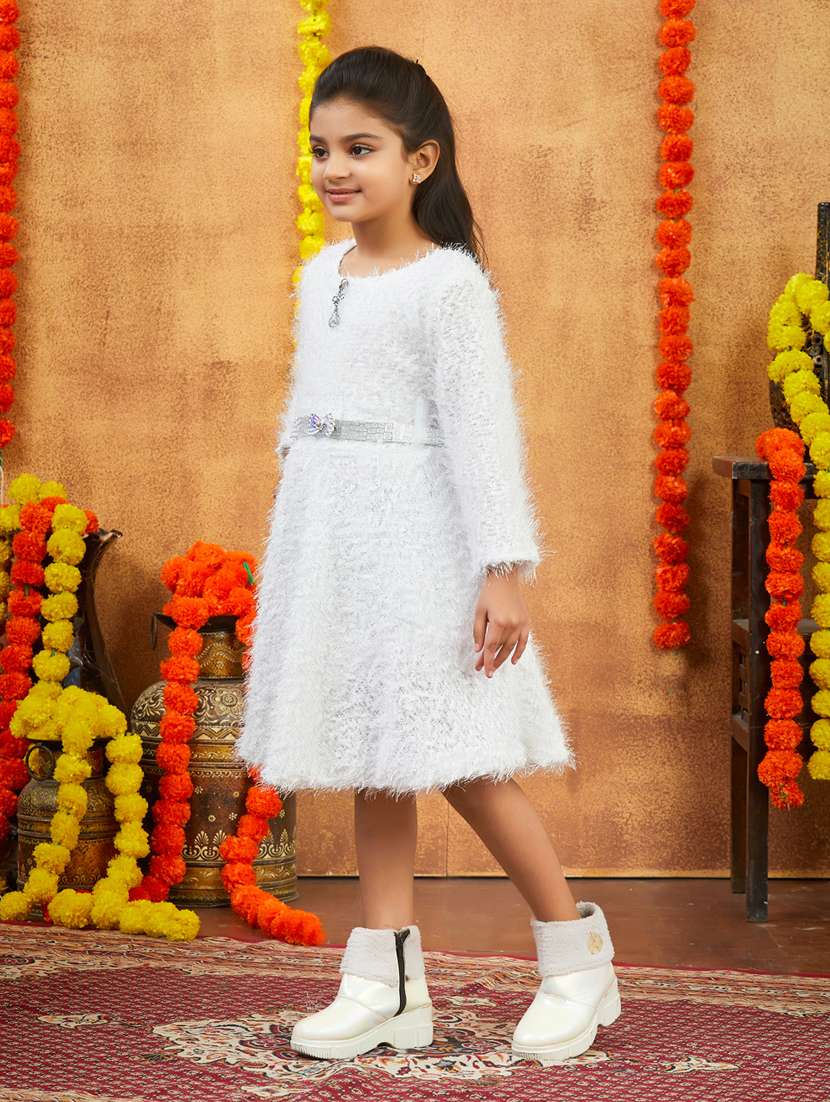 girls solid round neck fit & flare dress - 22225134 -  Standard Image - 1