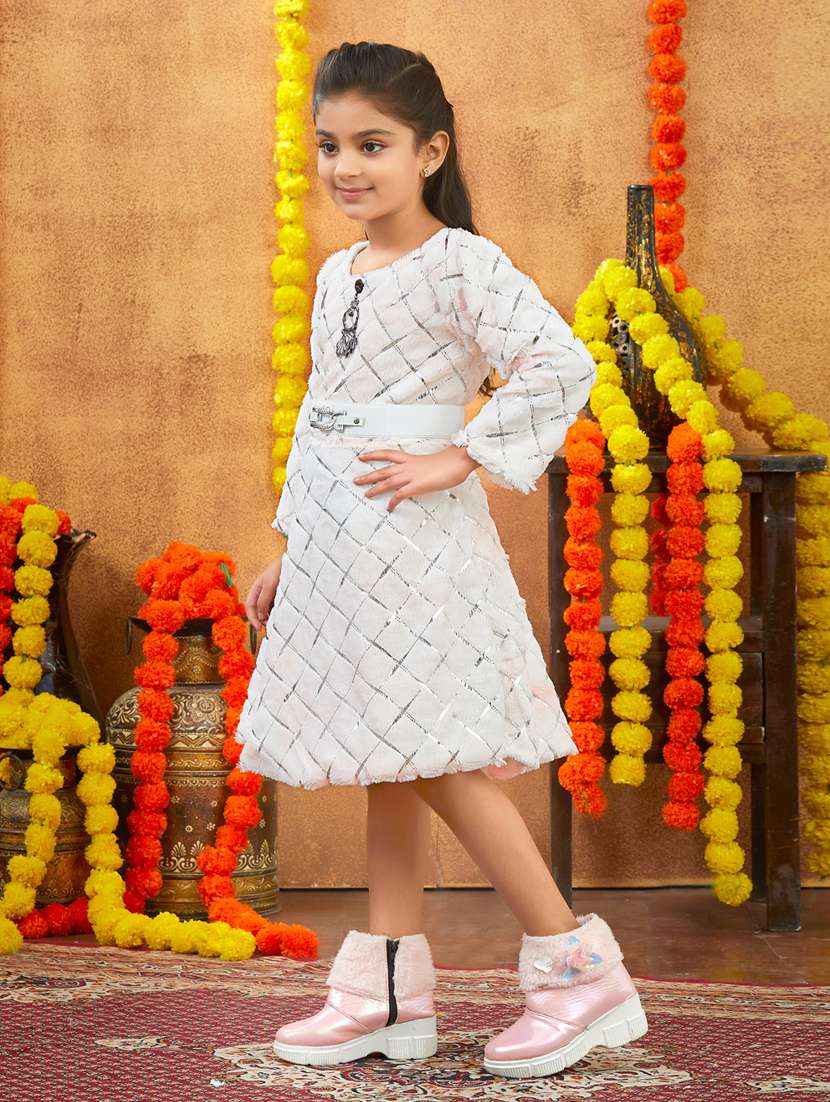 girls foil print round neck fit & flare dress - 22225139 -  Standard Image - 1