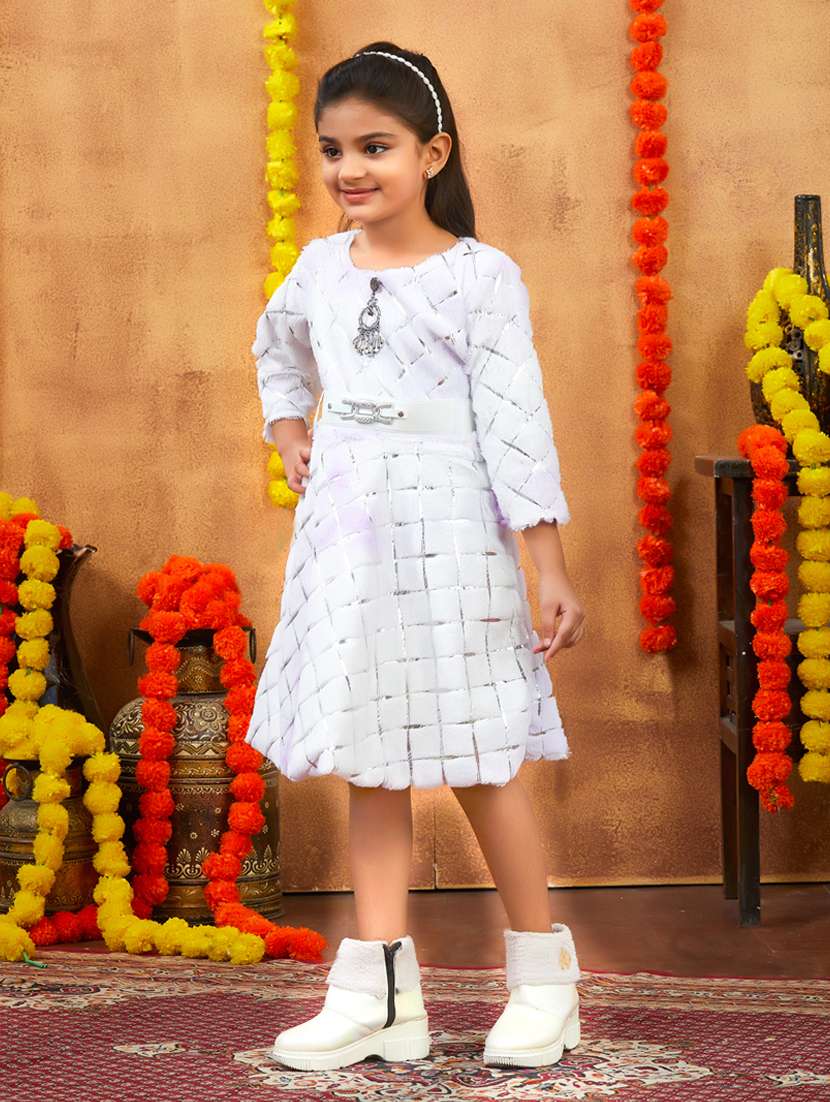 girls foil print round neck fit & flare dress - 22225141 -  Standard Image - 1