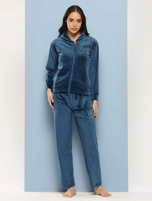 women solid long sleeve hooded velvet co-ord set - 22225143 -  Standard Image - 0