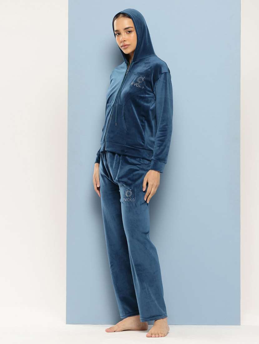 women solid long sleeve hooded velvet co-ord set - 22225143 -  Standard Image - 1