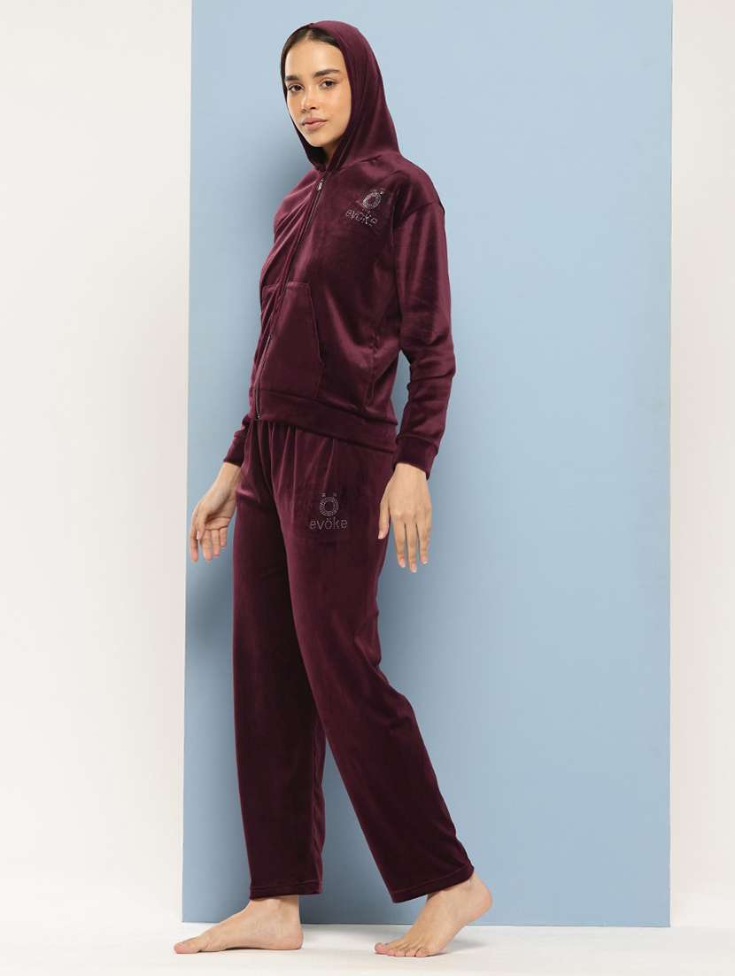 women solid long sleeve hooded velvet co-ord set - 22225144 -  Standard Image - 1