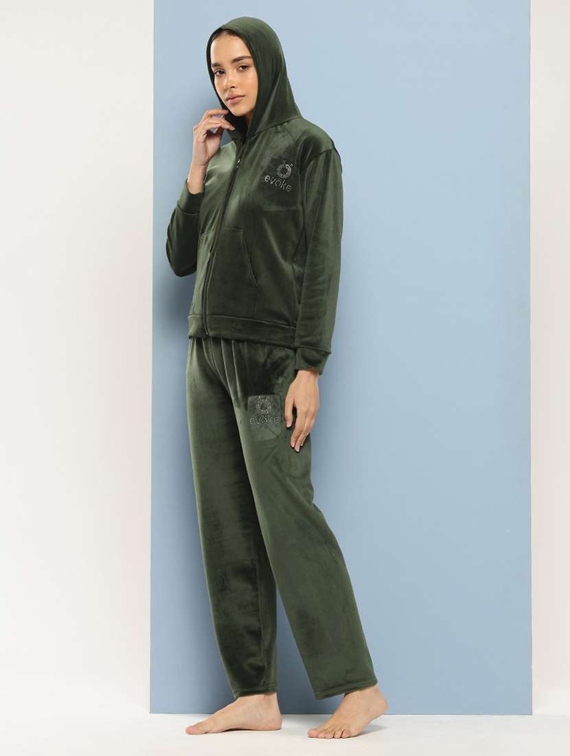 women solid long sleeve hooded velvet co-ord set - 22225145 -  Standard Image - 1