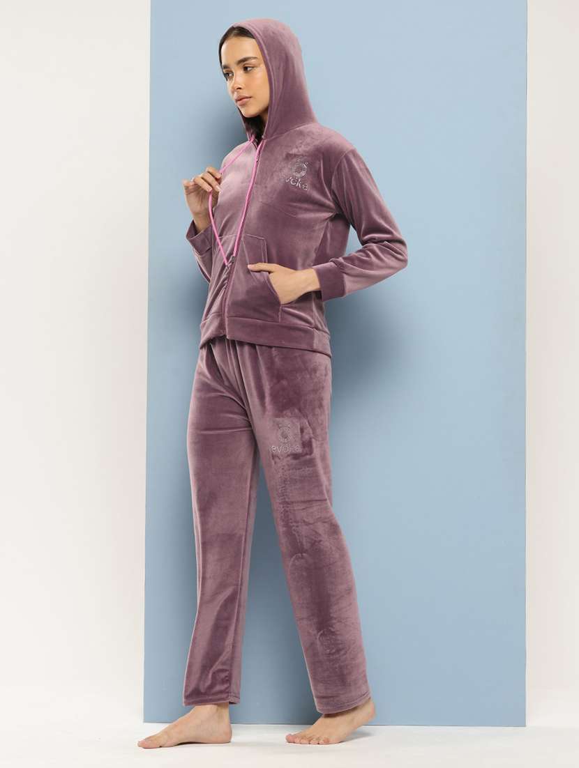 women solid long sleeve hooded velvet co-ord set - 22225146 -  Standard Image - 1