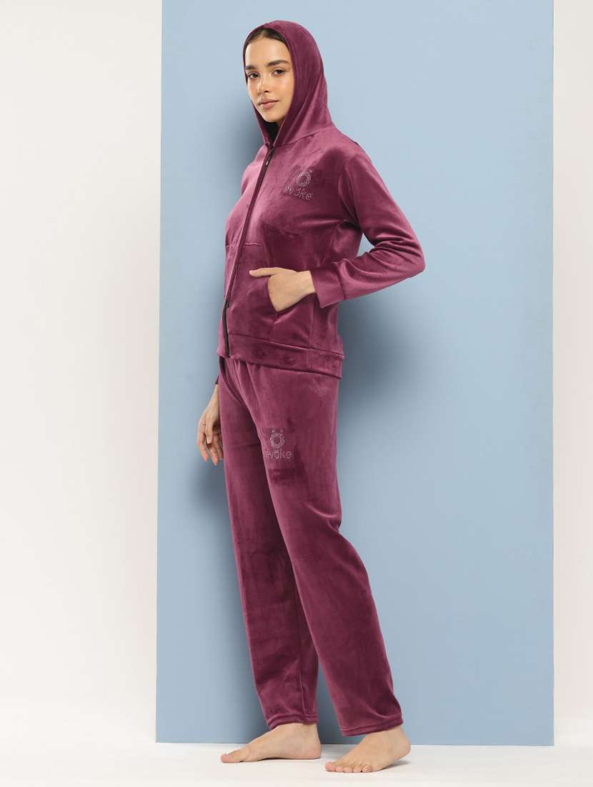 women solid long sleeve hooded velvet co-ord set - 22225147 -  Standard Image - 1