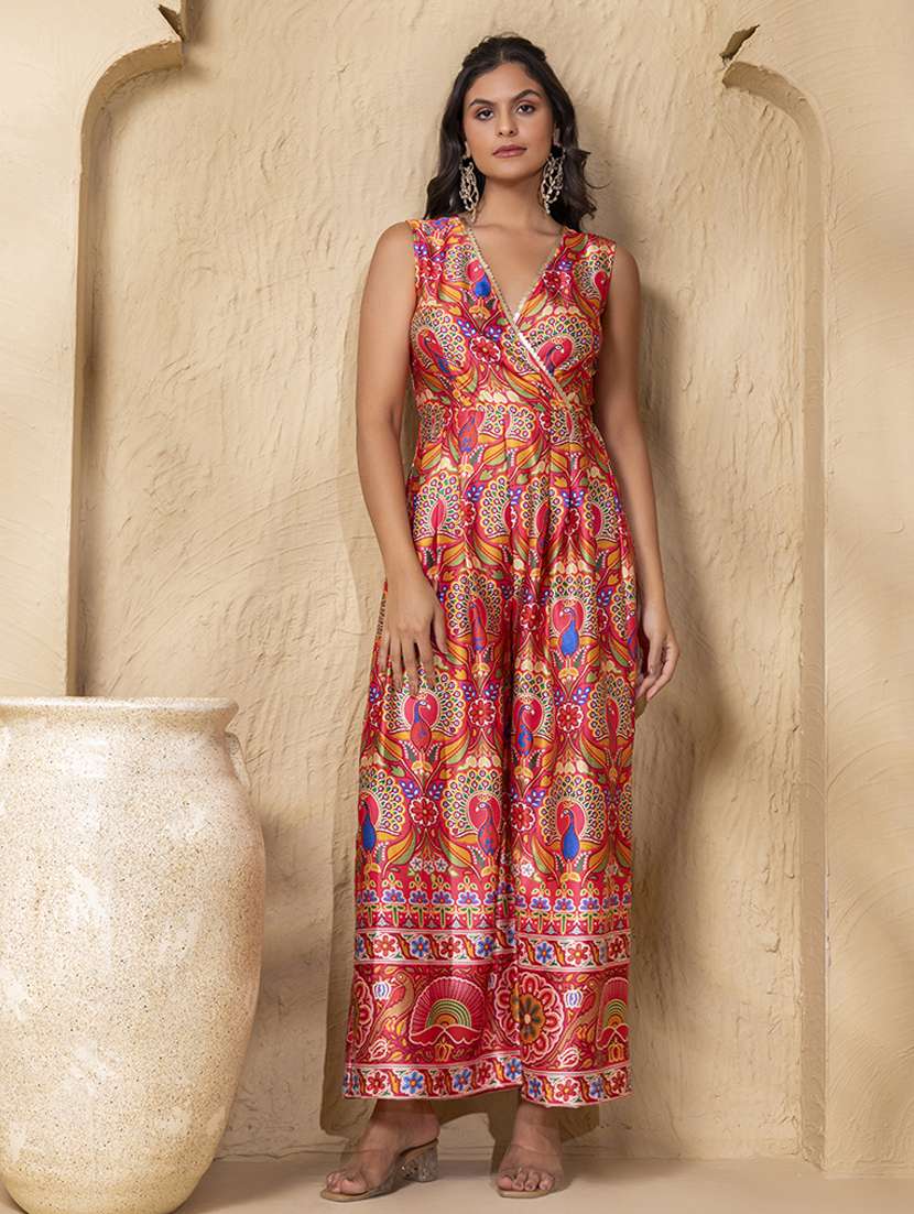 women printed sleeveless ethnic jumpsuit
