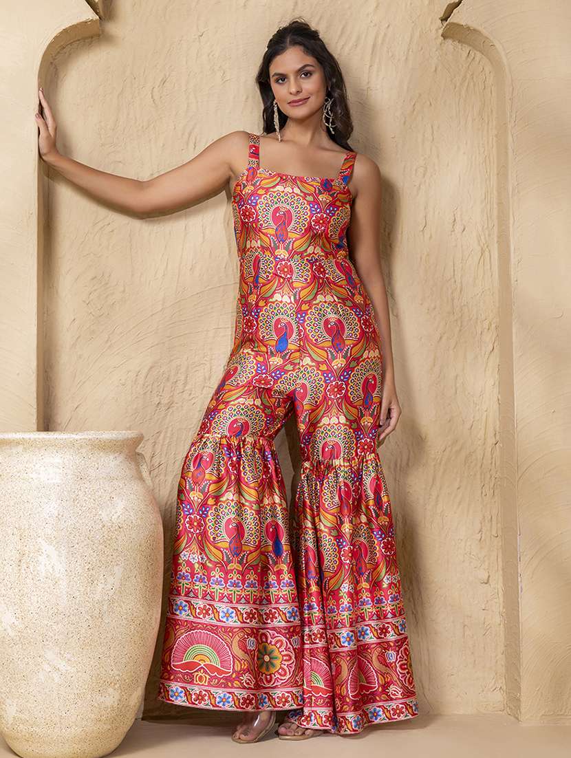 women printed shoulder strap flared jumpsuit - 22225153 -  Standard Image - 1