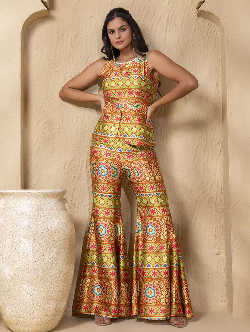 women printed sleeveless ethnic co-ord set