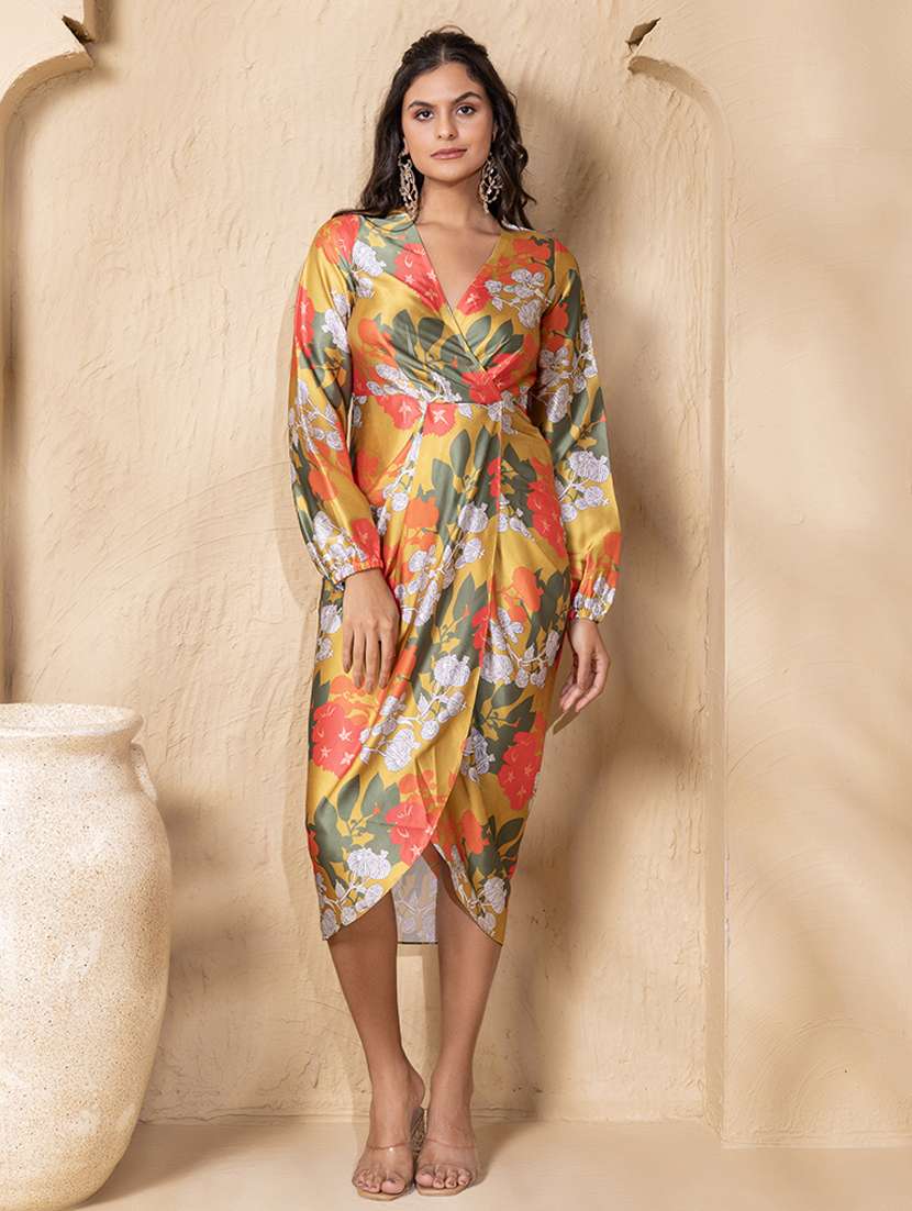 women floral printed  long sleeve asymmteric dress
