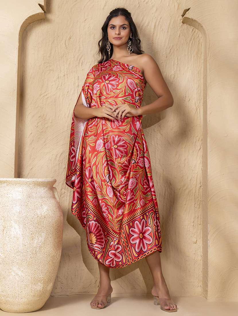 women printed sleeveless one shoulder dress