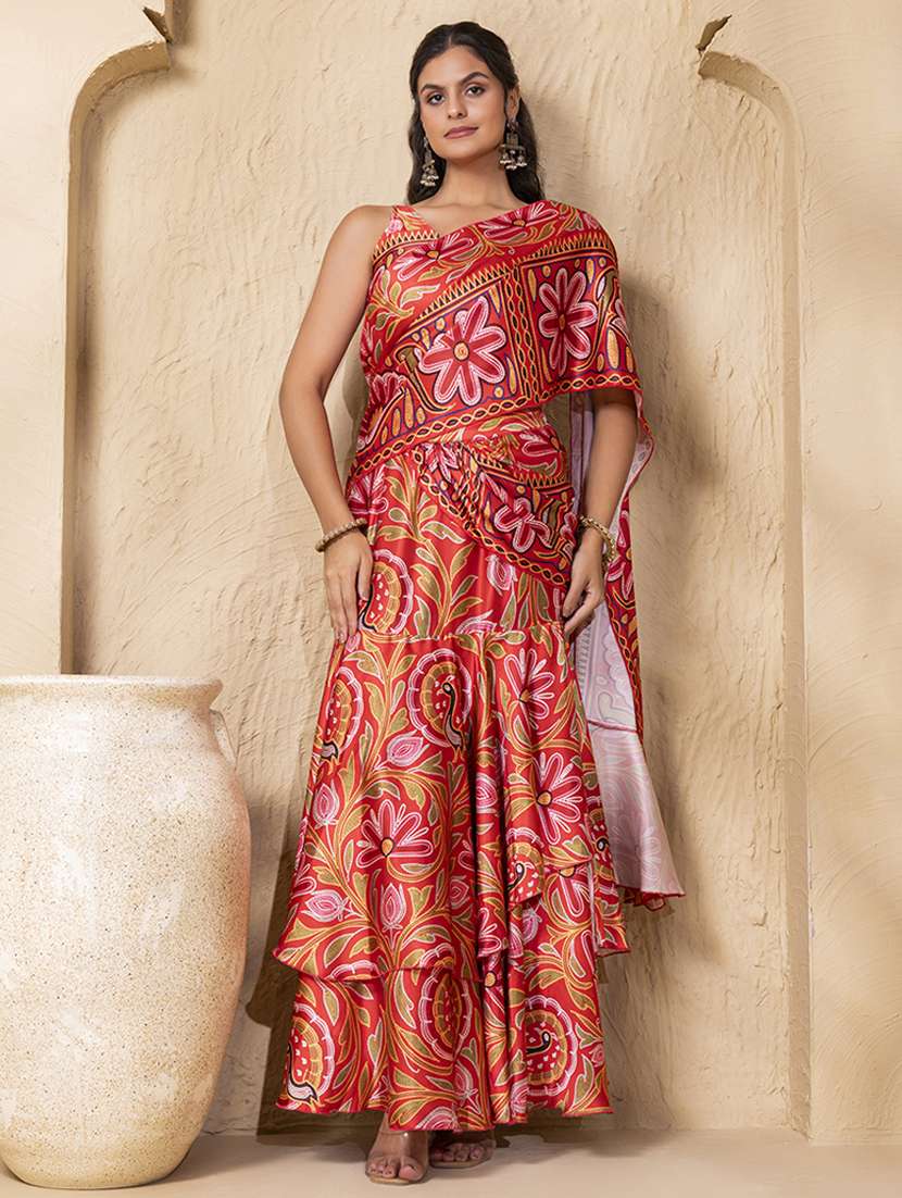 women floral printed pre-drape saree