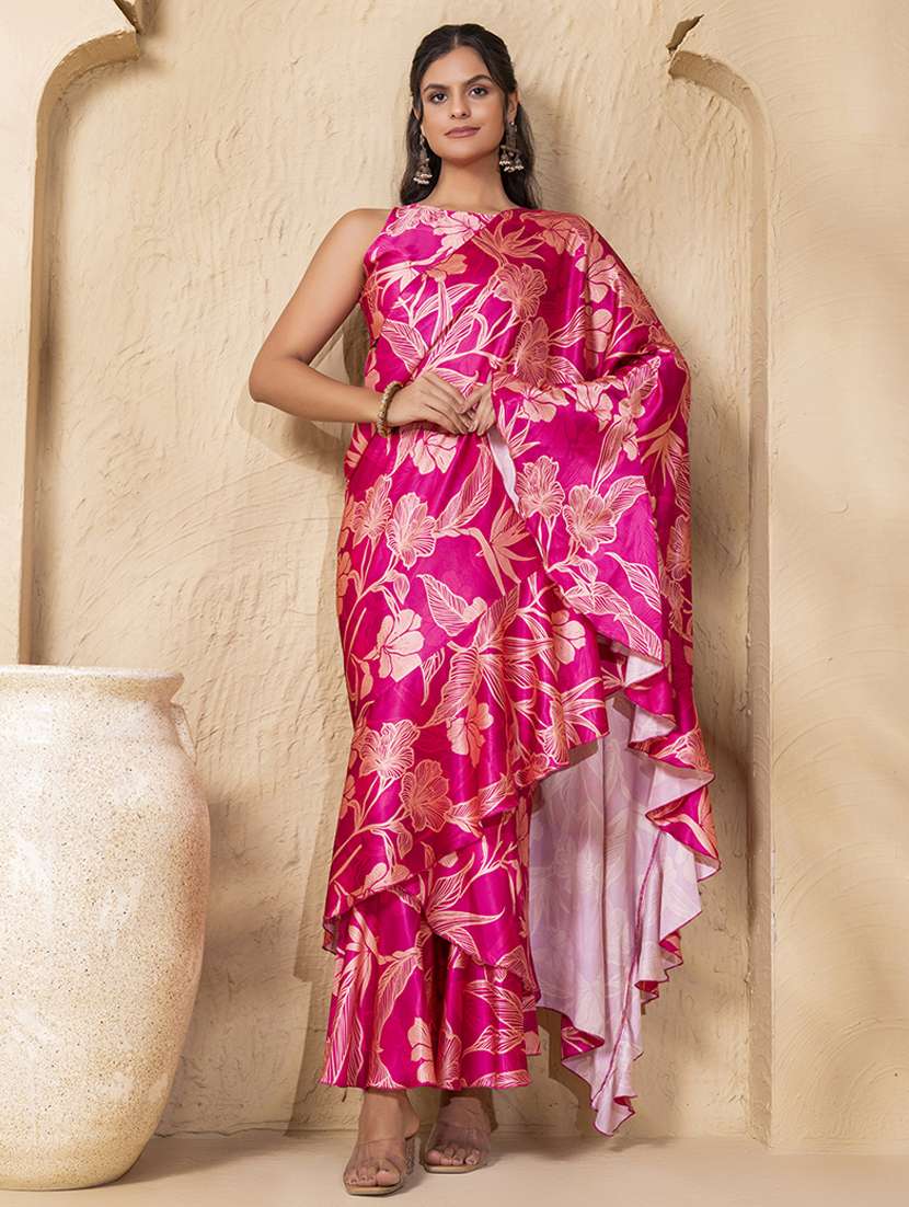 women floral printed pre-drape saree