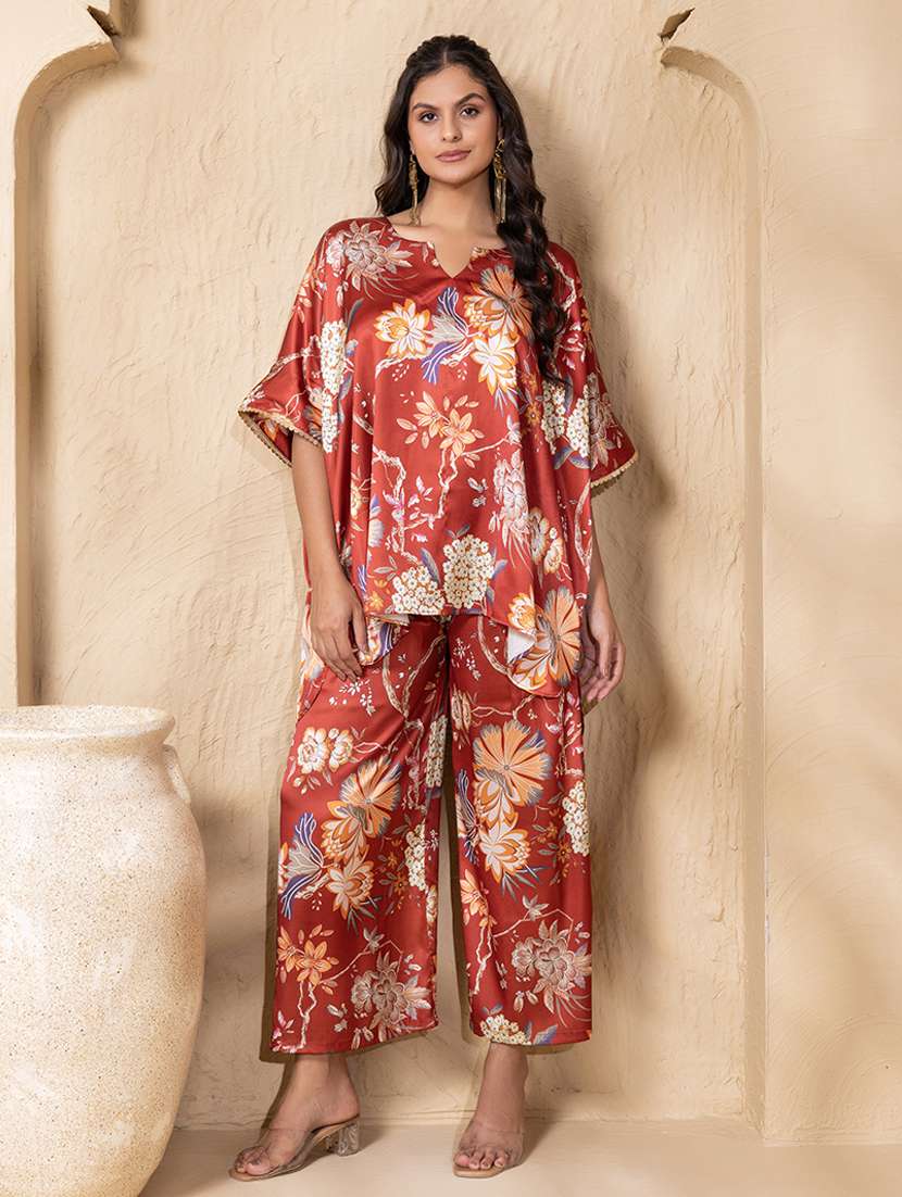 women printed kimono sleeve ethnic co-ord set