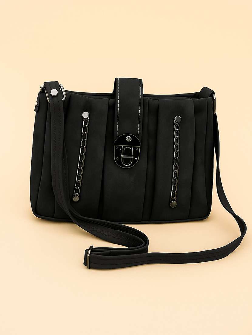 black pu sling bag with chain detail