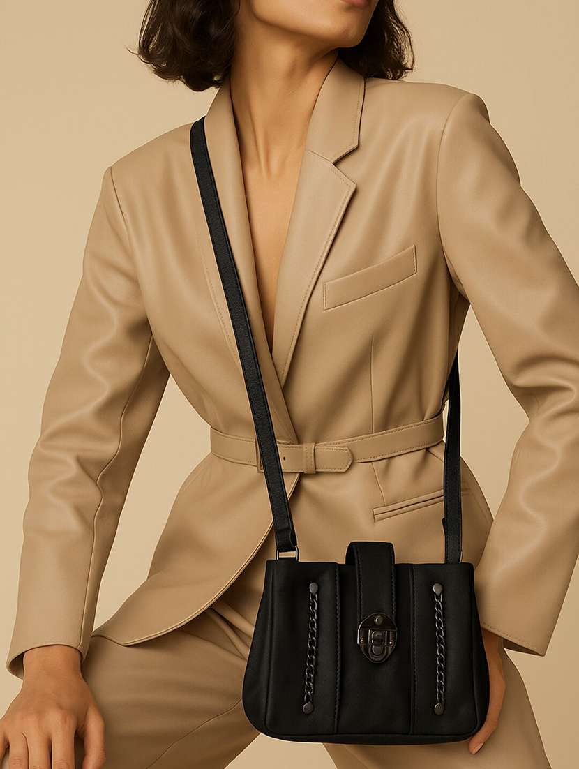 black pu sling bag with chain detail - 22225234 -  Standard Image - 1