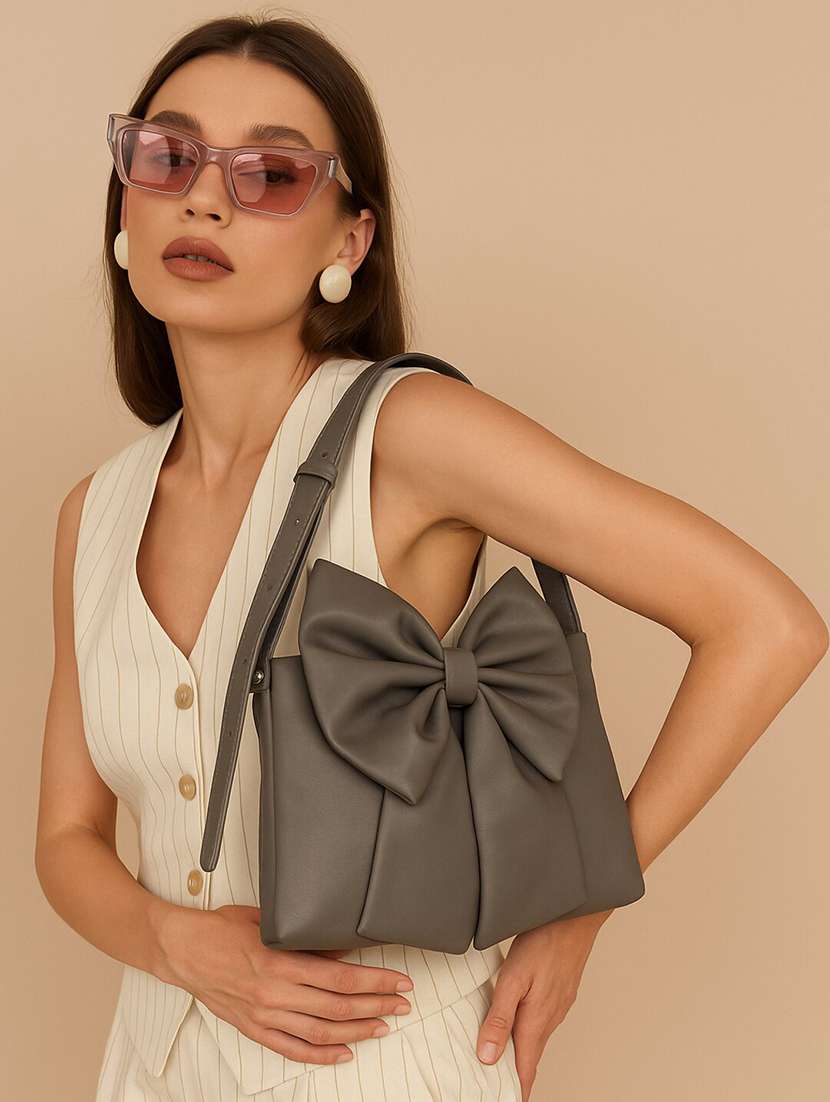 women grey pu bow detailed sling bag - 22225237 -  Standard Image - 1