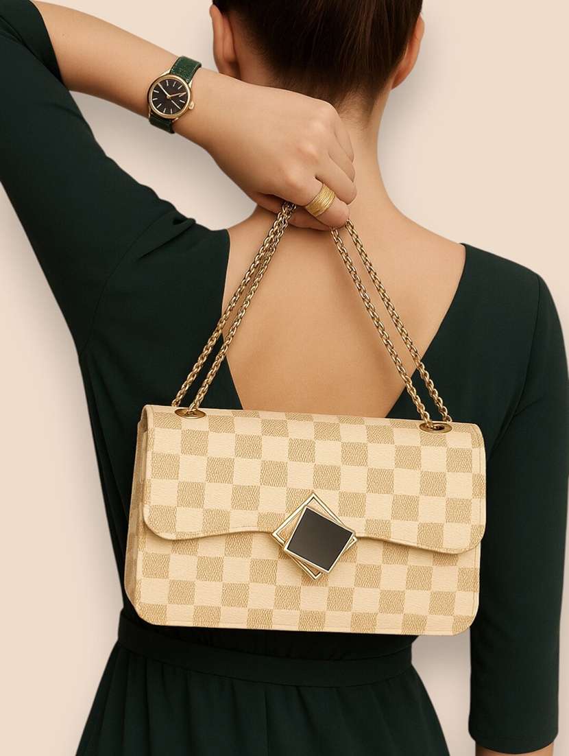 beige checks sling bag with chain straps - 22225241 -  Standard Image - 1