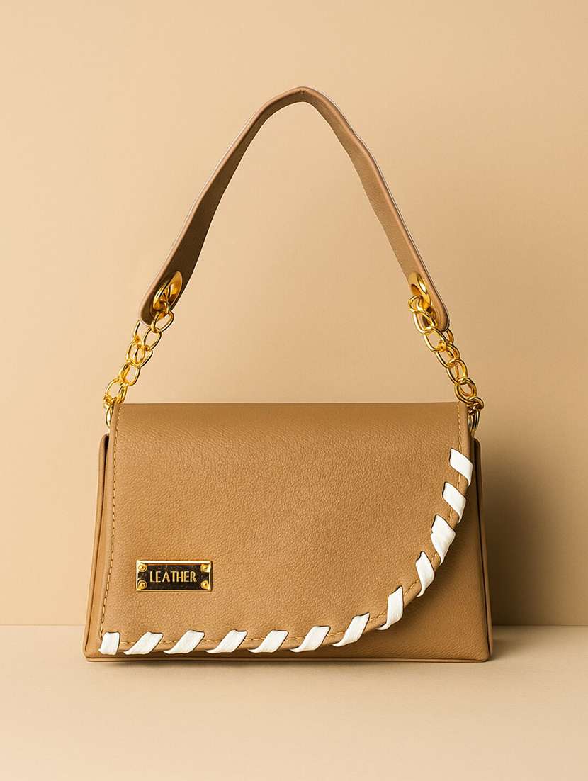 brown solid sling bag with chain handle