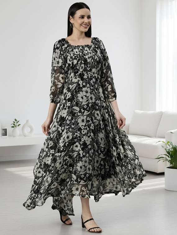 women printed puff sleeve fit & flare dress - 22225269 -  Standard Image - 1