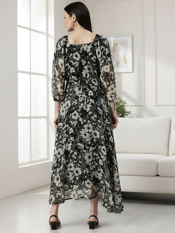 women printed puff sleeve fit & flare dress - 22225269 -  Standard Image - 4