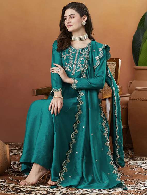 women solid with work long sleeve kurta pant with dupatta set - 22225271 -  Standard Image - 1