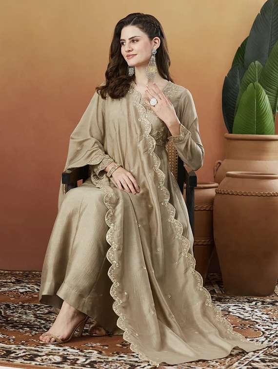 women solid with work long sleeve kurta pant with dupatta set - 22225272 -  Standard Image - 1