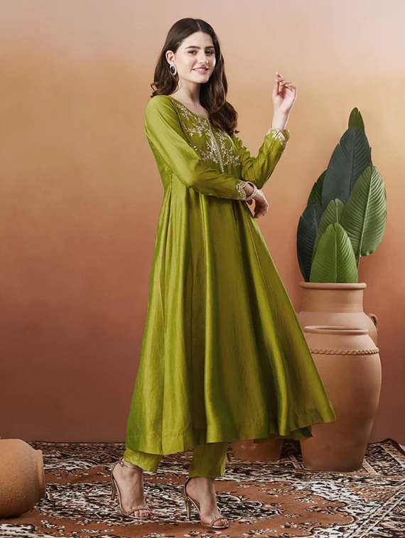 women solid with work long sleeve kurta pant with dupatta set - 22225273 -  Standard Image - 1