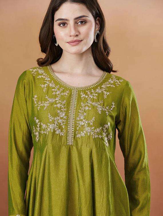 women solid with work long sleeve kurta pant with dupatta set - 22225273 -  Standard Image - 1