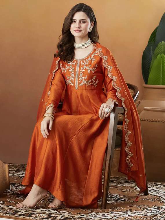 women solid with work long sleeve kurta pant with dupatta set - 22225274 -  Standard Image - 1