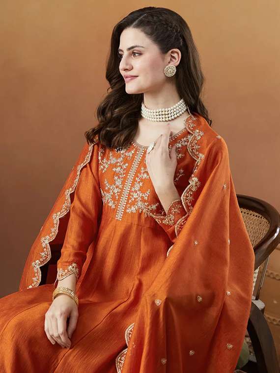 women solid with work long sleeve kurta pant with dupatta set - 22225274 -  Standard Image - 4